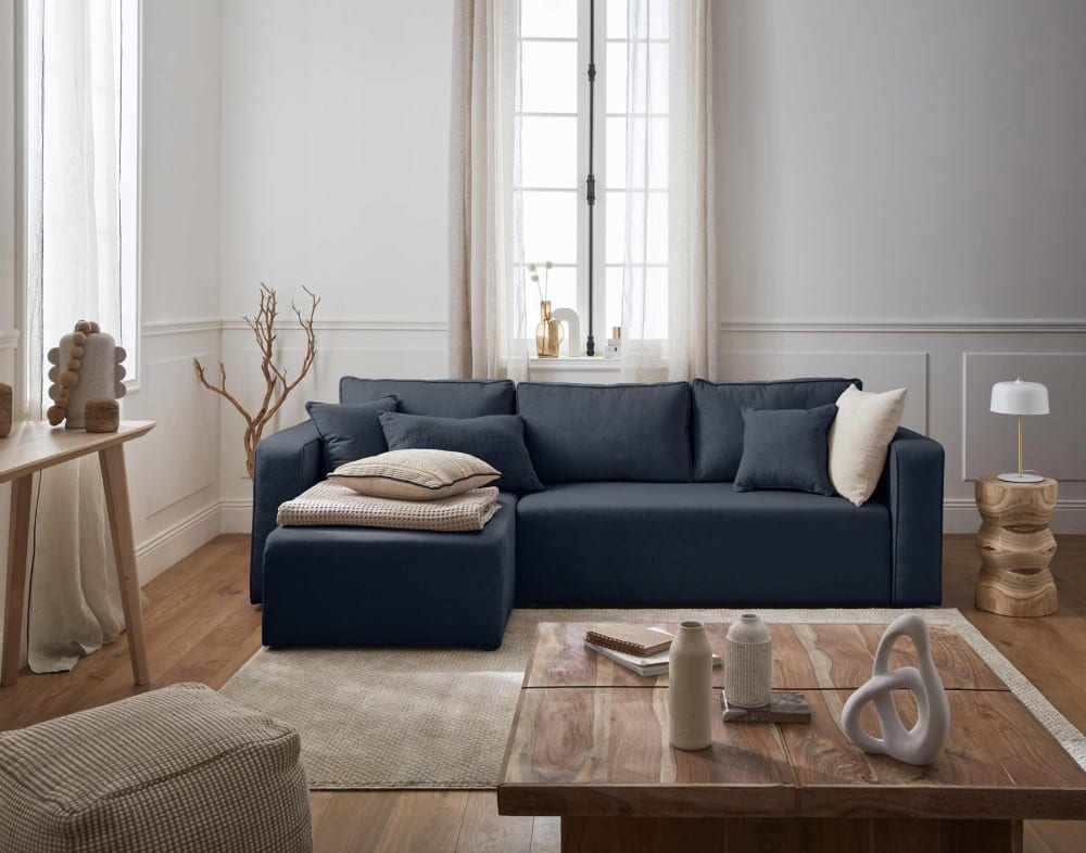 Canapé d'angle réversible convertible 4 places en tissu bleu - Maisons du Monde
