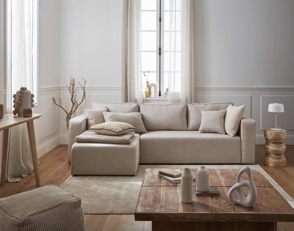 Canapé d'angle réversible convertible 4 places en tissu beige - Maisons du Monde
