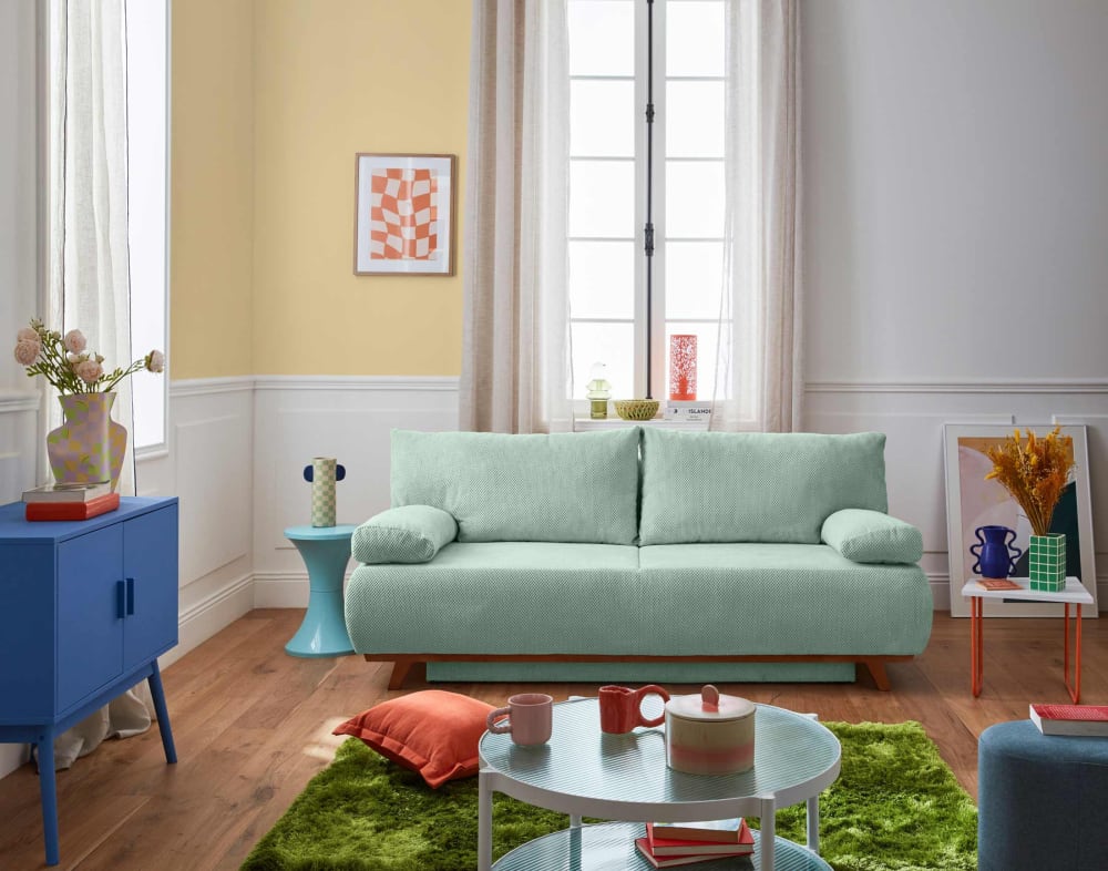 Canapé droit convertible 3 places avec coffre en velours texturé bleu - Maisons du Monde