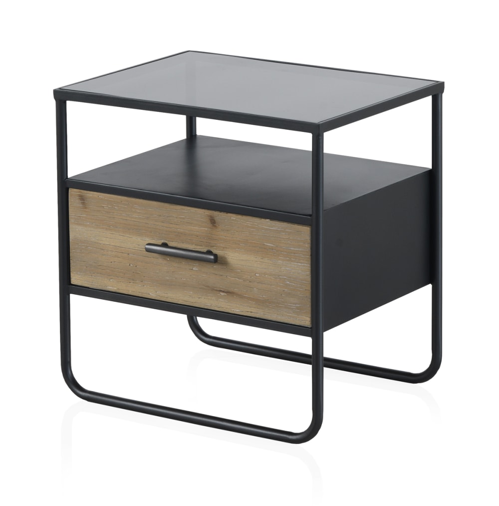GEESE HOME Nachttisch mit 1 Schublade aus Tannenholz und Eisen Braun
