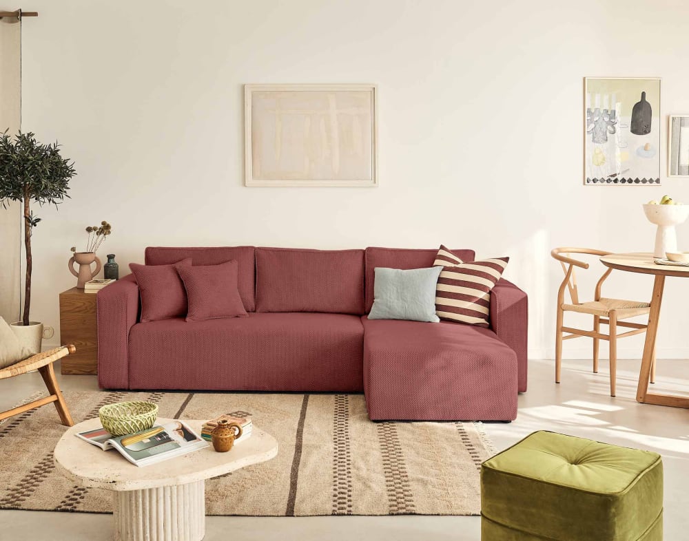 Canapé d'angle réversible convertible 4 places en velours texturé rose - Maisons du Monde