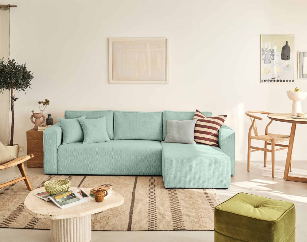 Canapé d'angle réversible convertible 4 places en velours texturé bleu - Maisons du Monde