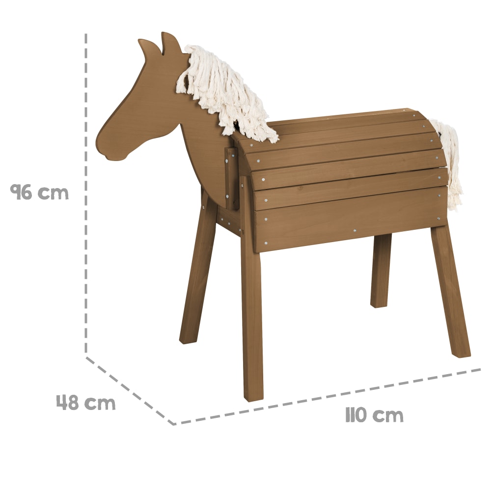 Cheval de jardin en bois lasuré teck avec crinière et queue