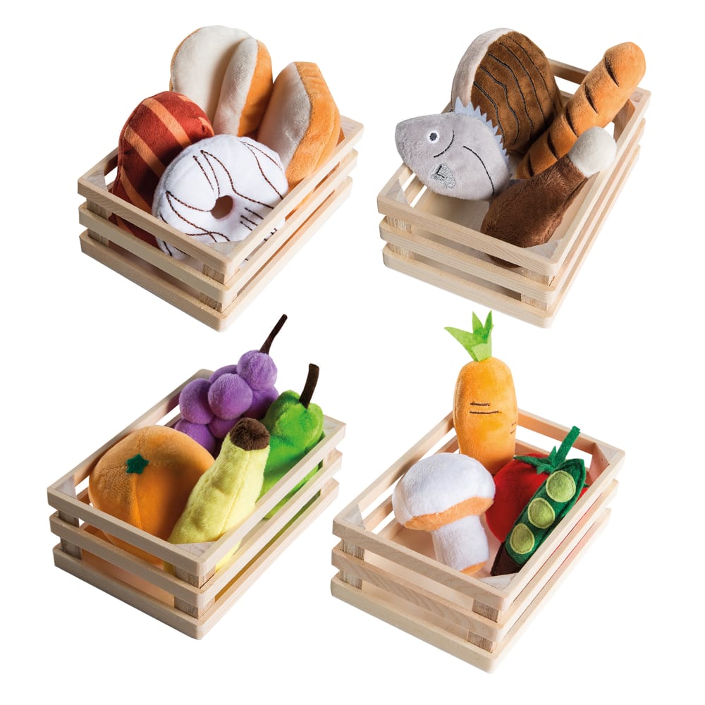 Roba - Set d'aliments en peluche pour marché et 4 cagettes en bois