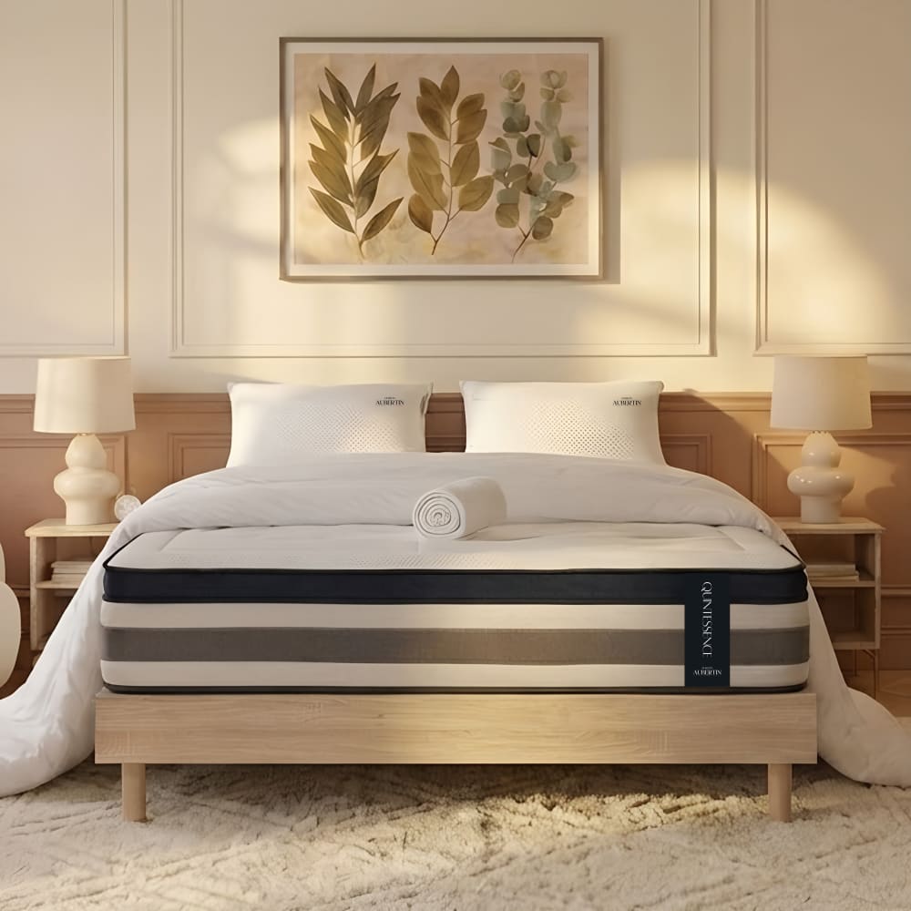 Maison Aubertin Prêt à dormir matelas mémoire h30 sommier bois 90x190 style classique chic Blanc Tissu