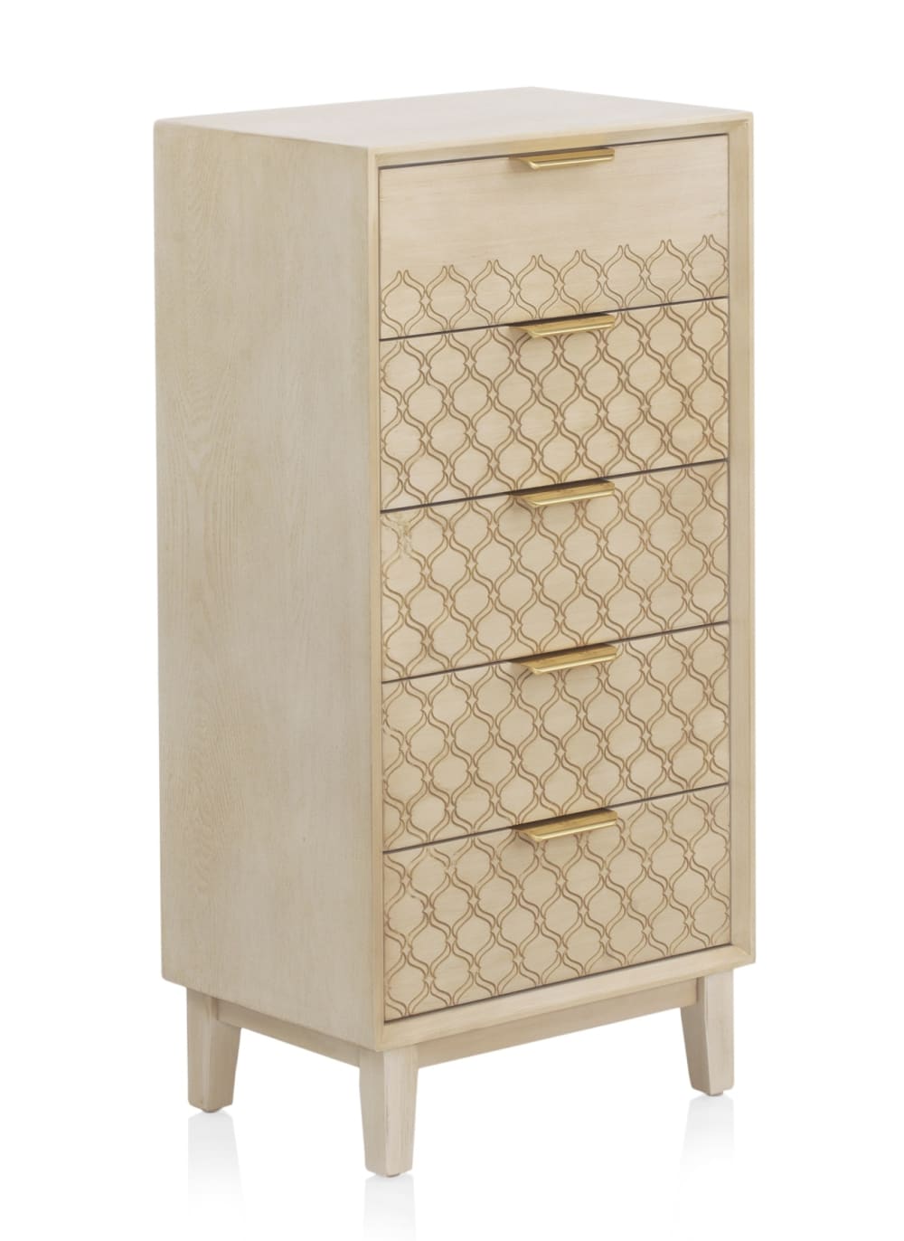 Commode 5 tiroirs en placage chêne et coloris beige