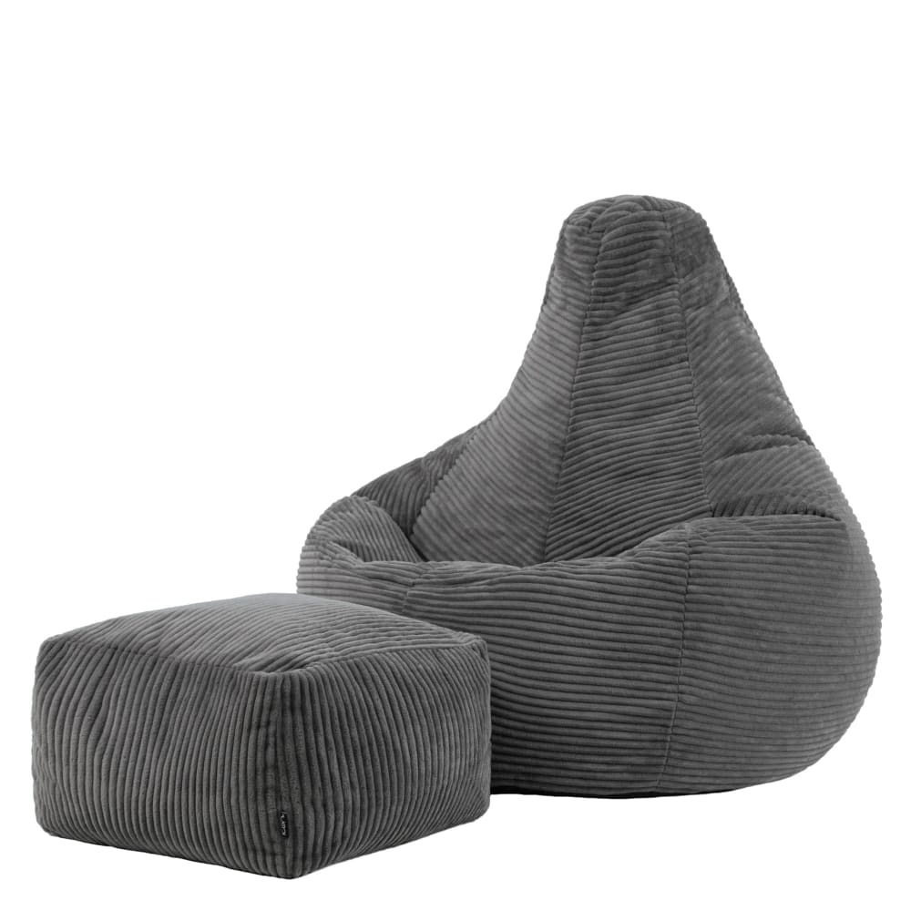 Pouf poire à dos haut et repose-pied velours côtelé gris anthracite — Beyit
