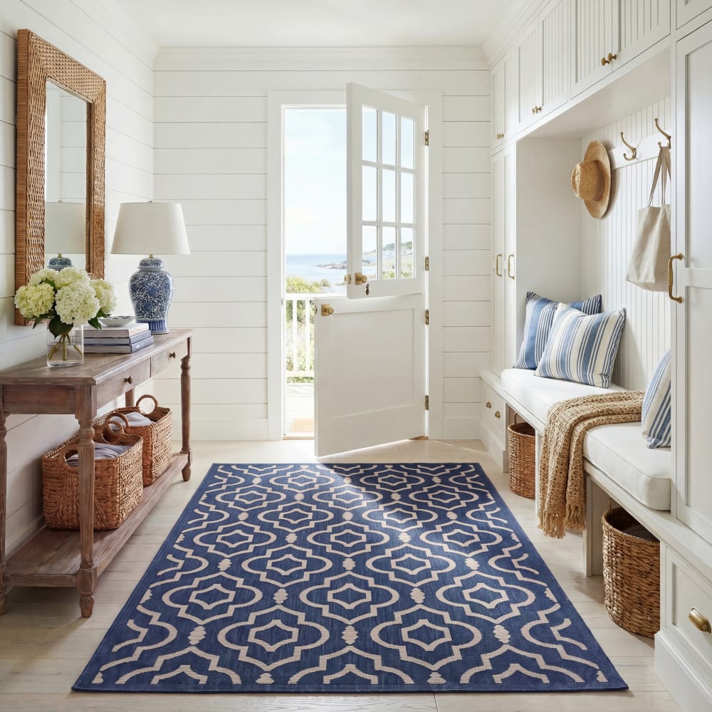 Tapis treillis en polypropylène bleu/beige, 79 x 152 cm - Maisons du Monde