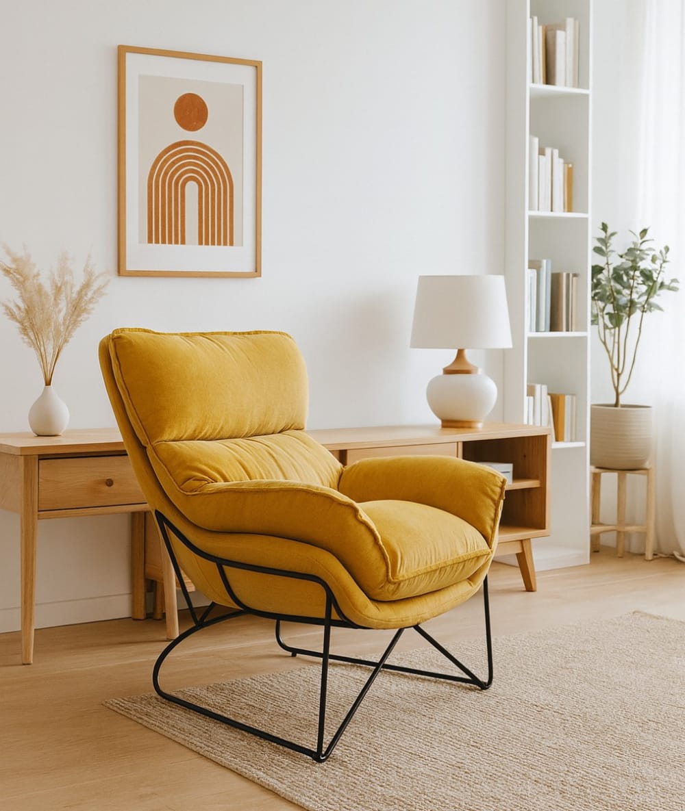 Fauteuil en velours jaune moutarde