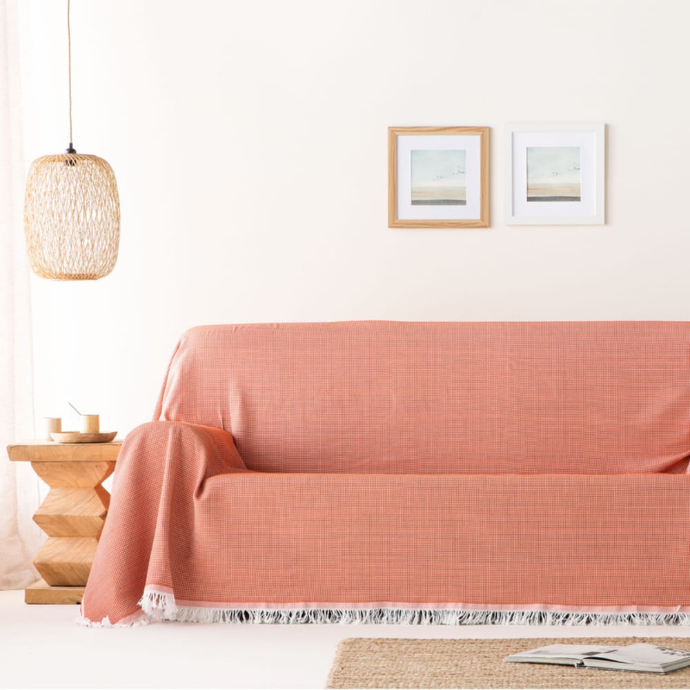 Gamusi Plaid couvre-lit en coton nid d'abeille carreau 180x280 cm style contemporain Orange Certifié Oeko-Tex