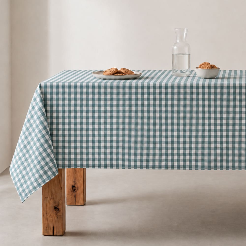 Nappe en coton antitache tissu à carreaux aqua marine 140x240 cm