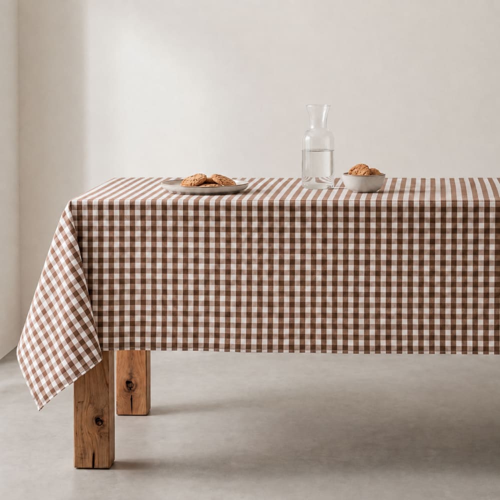 Nappe en coton antitache tissu à carreaux taupe 140x180 cm