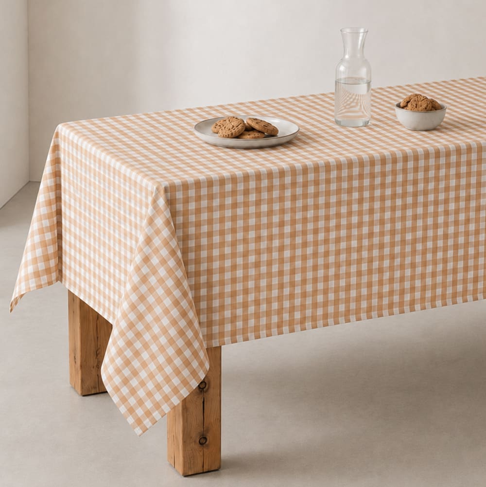 Nappe en coton antitache tissu à carreaux beige 140x300 cm - Maisons du Monde