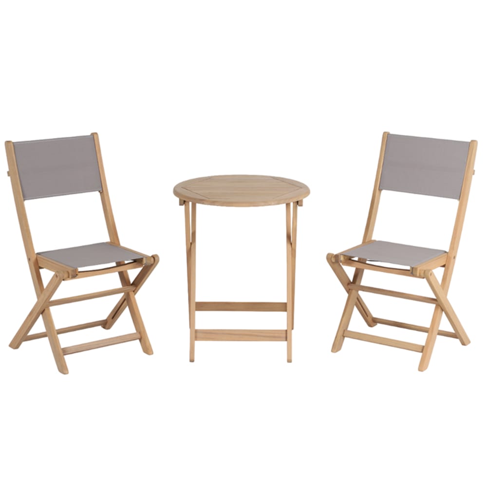Ensemble table et chaises 2 places bois d'acacia et textilène taupe