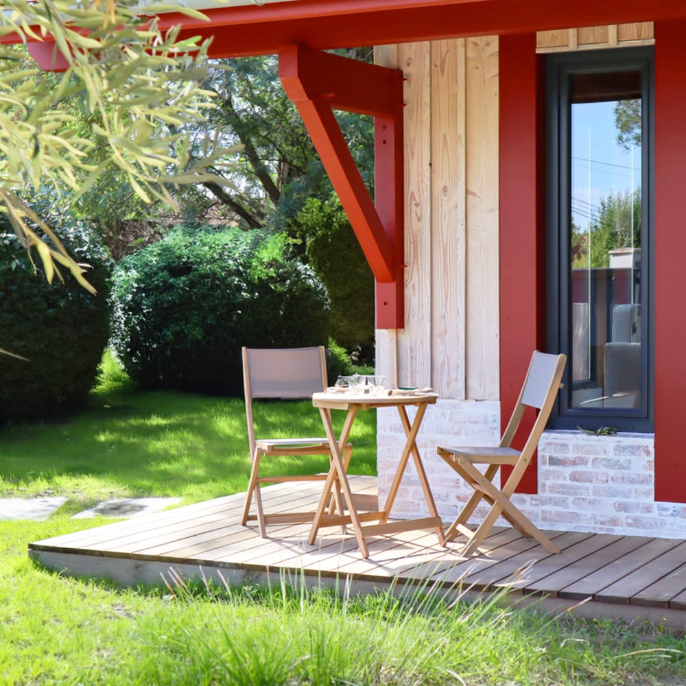 Ensemble table et chaises  2 places bois d'acacia et textilène taupe