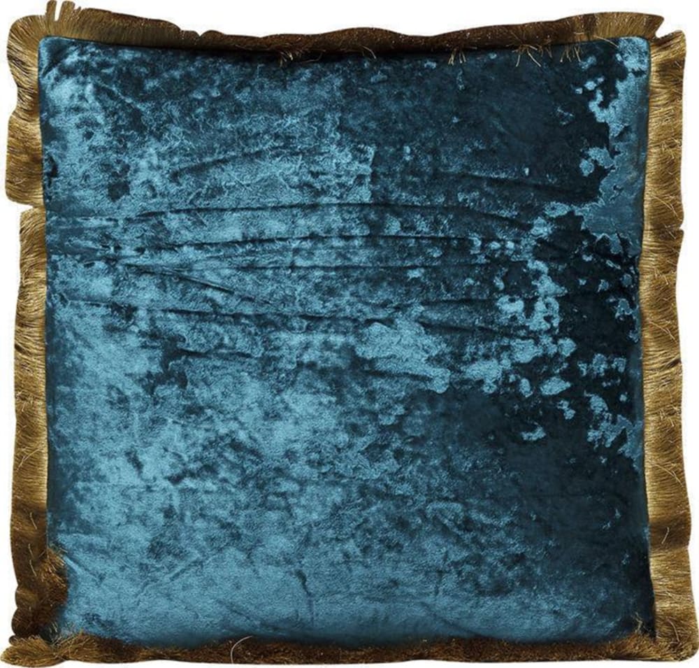 Coussin en velours bleu pétrole franges dorées 45x45