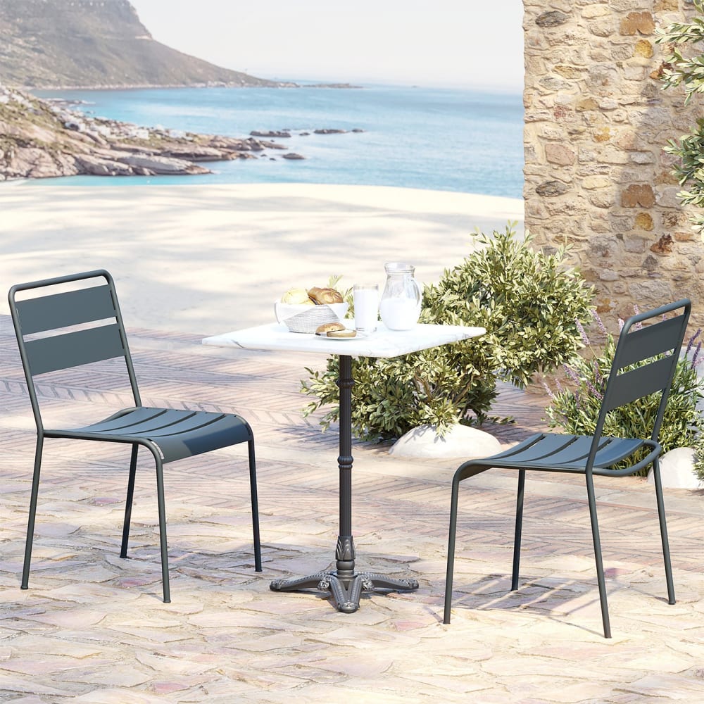 Table à manger carrée 2 personnes en marbre blanc et acier 60x60