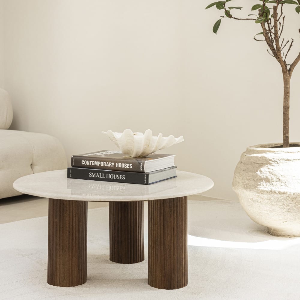 Table basse en marbre et bois massif ø80cm - blanc ivoire - Maisons du Monde