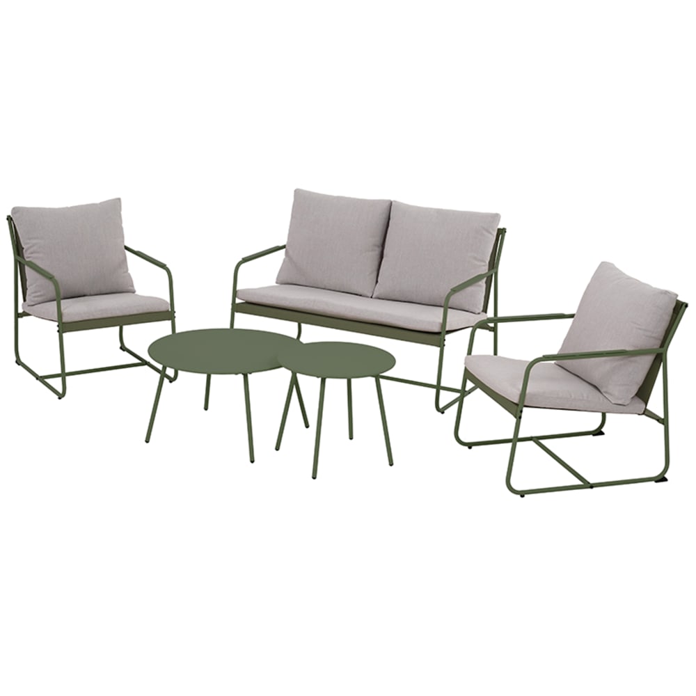 Salon de jardin 4 places en acier kaki et coussins gris clair