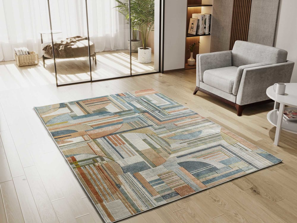 Tapis en viscose géométrique beige/bleu/rouille 135x195 cm — vue 3