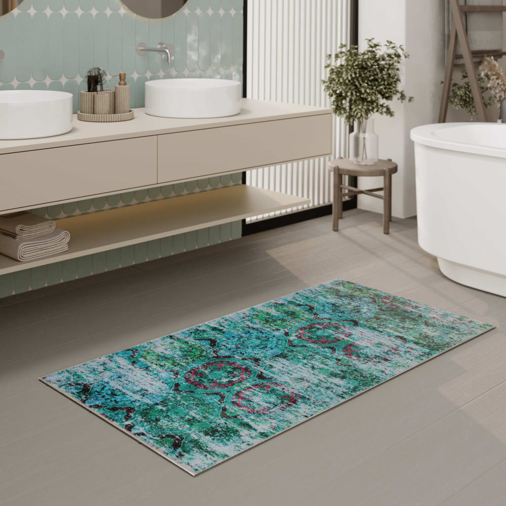 Tapis de bain multicolore turquoise motif vintage imprimé 80x150 - Maisons du Monde