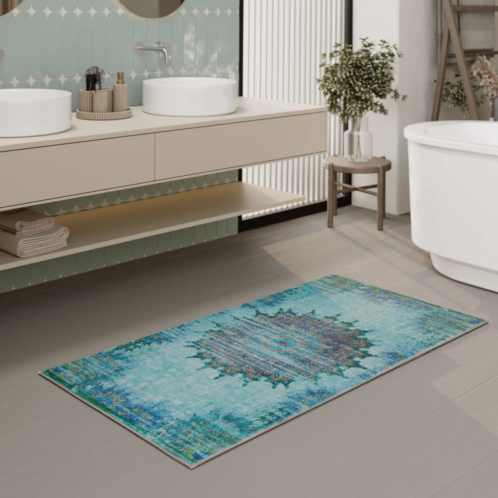 Tapis de bain bleu turquoise motif oriental vintage imprimé 70x120 — vue 3