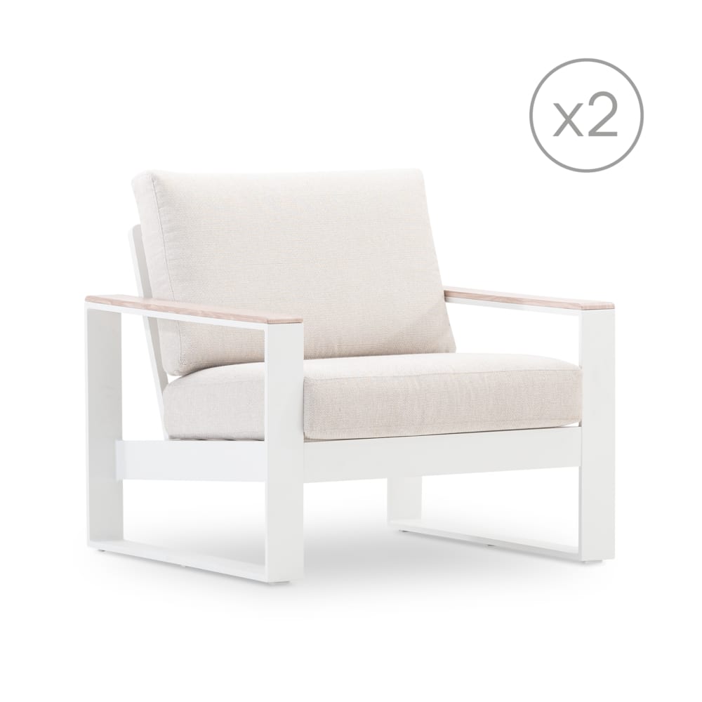 Set de 2 fauteuils jardin aluminium blanc accoudoirs effet bois