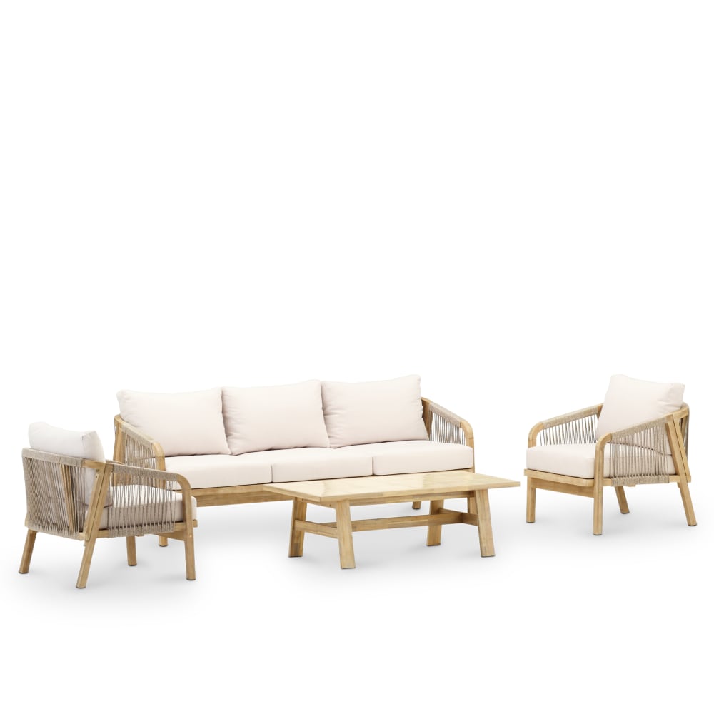 Salon de jardin 5 places bois et céramique beige 125x65