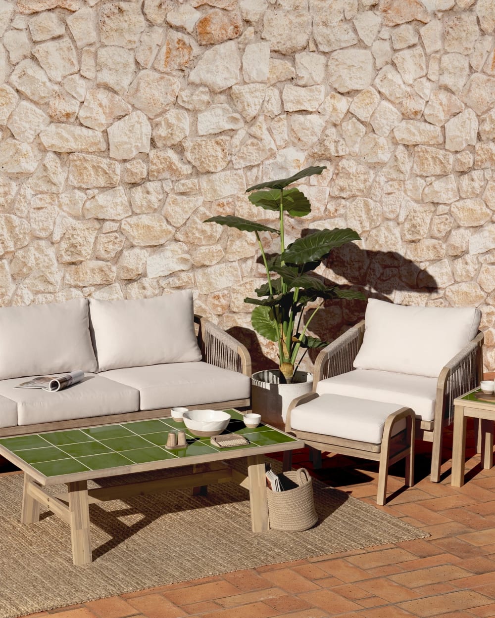 Salon de jardin 5 places bois et céramique verte 125x65 - Maisons du Monde