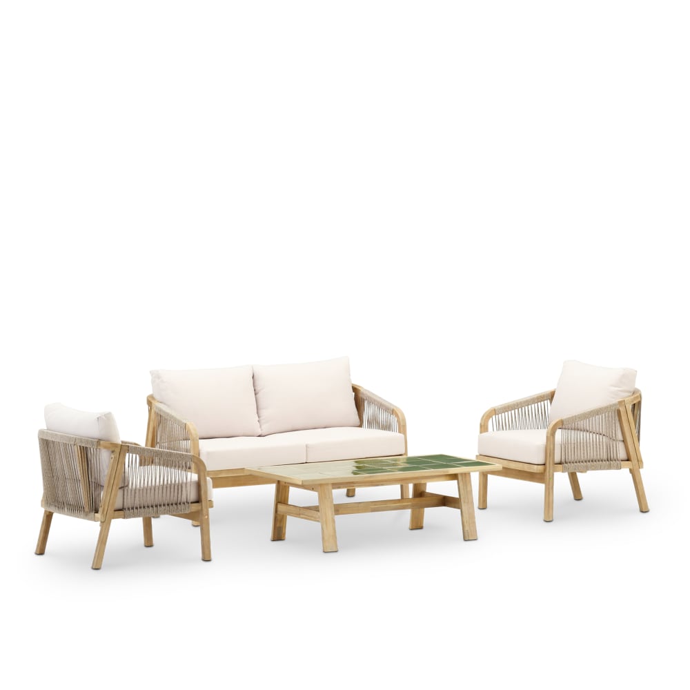Salons de jardin 4 places bois et céramique verte 125x65
