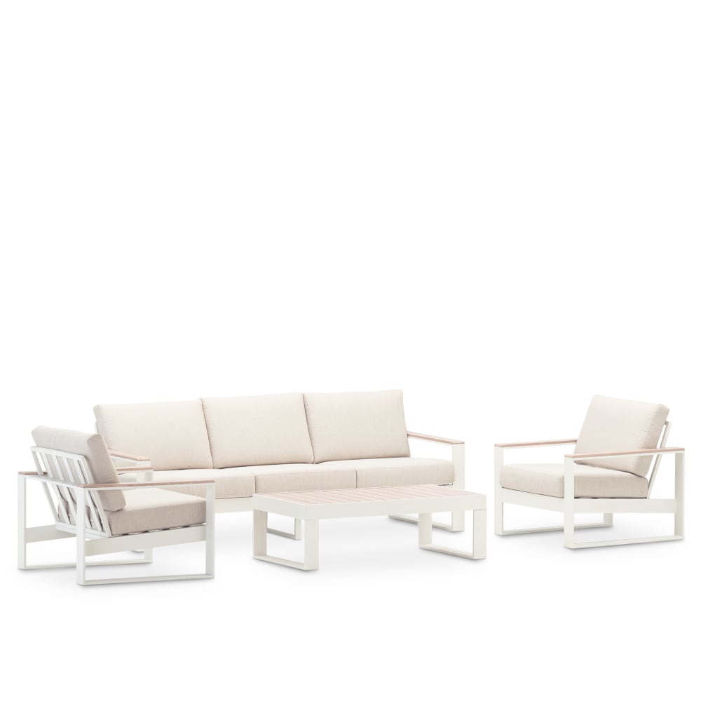 Salon de jardin 5 places aluminium blanc, effet bois
