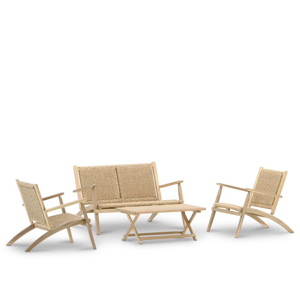 Salon de jardin pliant en bois et rotin synthétique beige