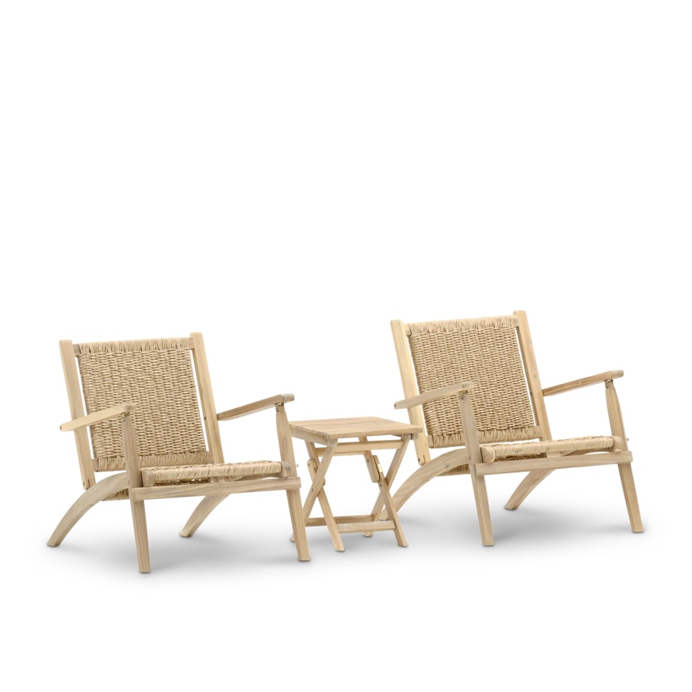 Salon de jardin 2 fauteuils pliants et table basse bois et rotin 40x40