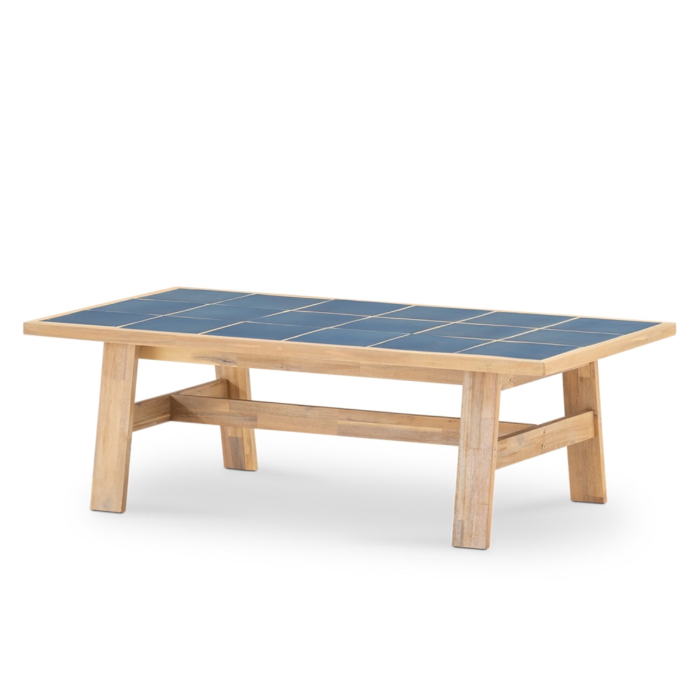 Table basse de jardin en bois et céramique bleue 125x65