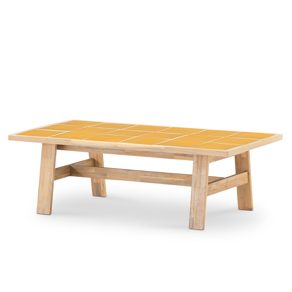 Table basse de jardin en bois et céramique moutarde 125x65
