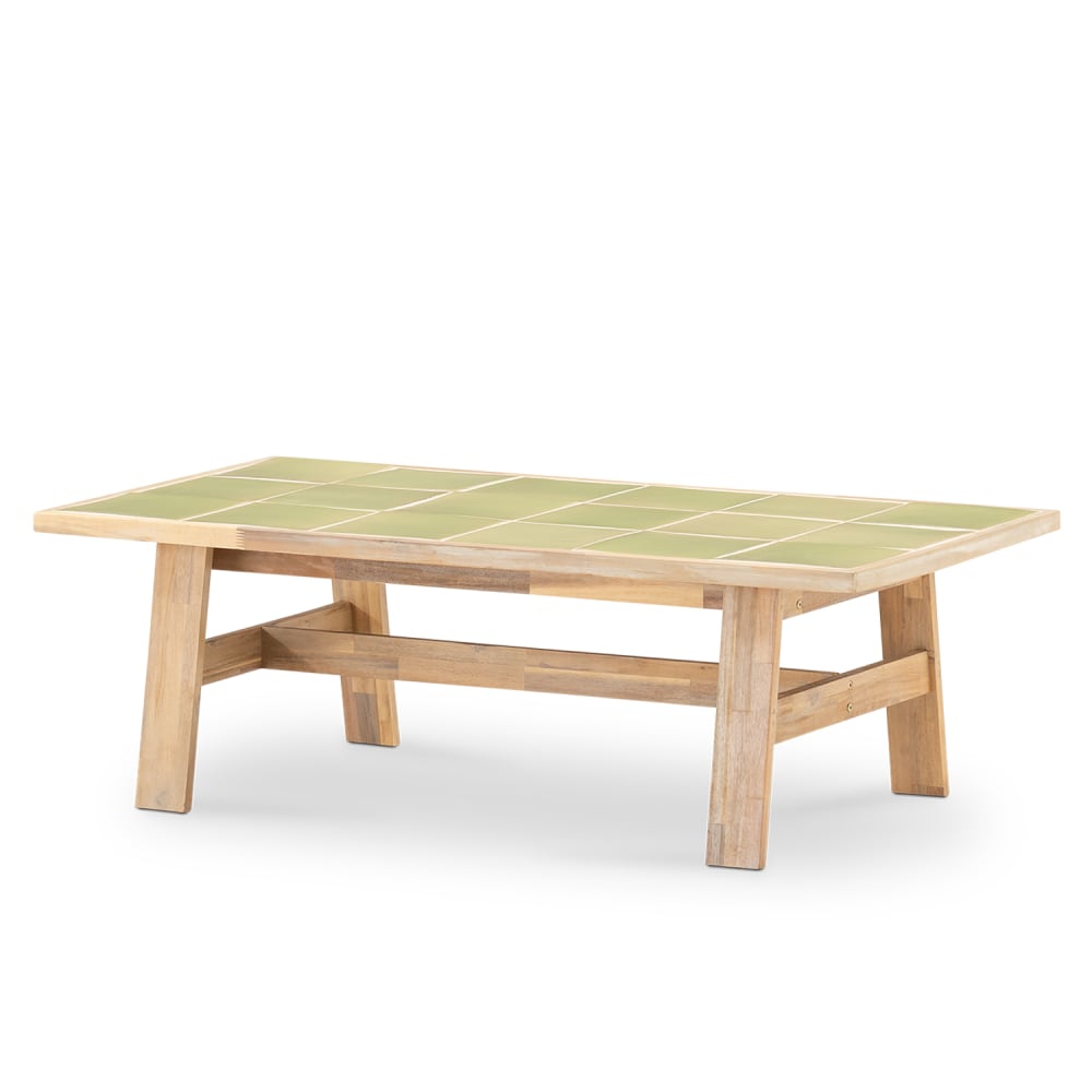 Table basse de jardin en bois et céramique vert clair 125x65