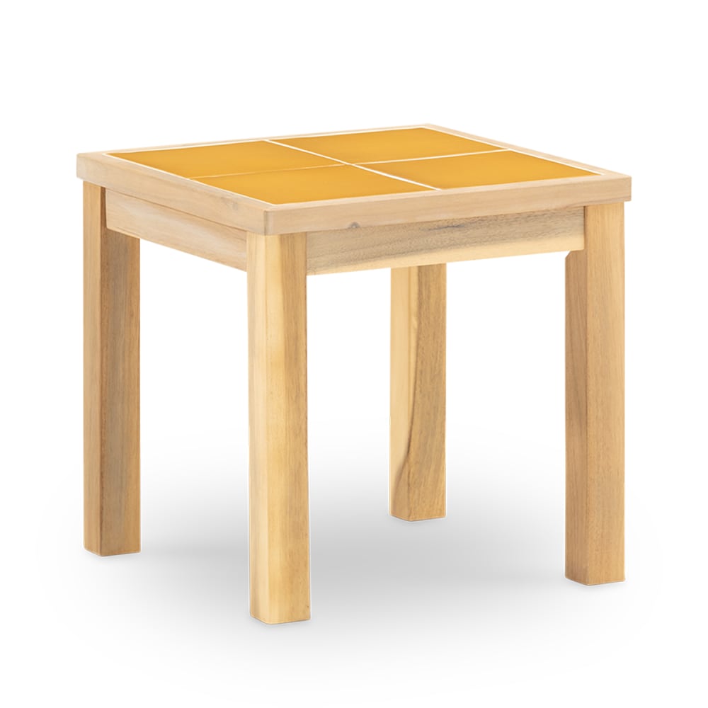 Table basse de jardin en bois et céramique moutarde 45x45