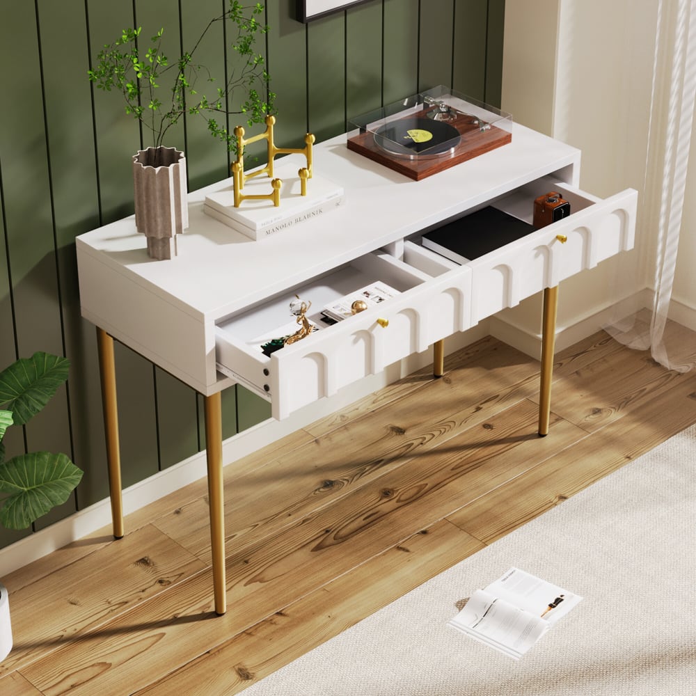 Coiffeuse avec 2 tiroirs blanc structure et poignée dorée 100x45cm - Maisons du Monde