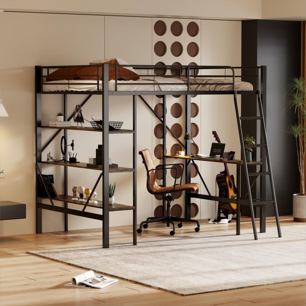 Lit mezzanine métallique noir avec bureau et étagères 90x200 cm