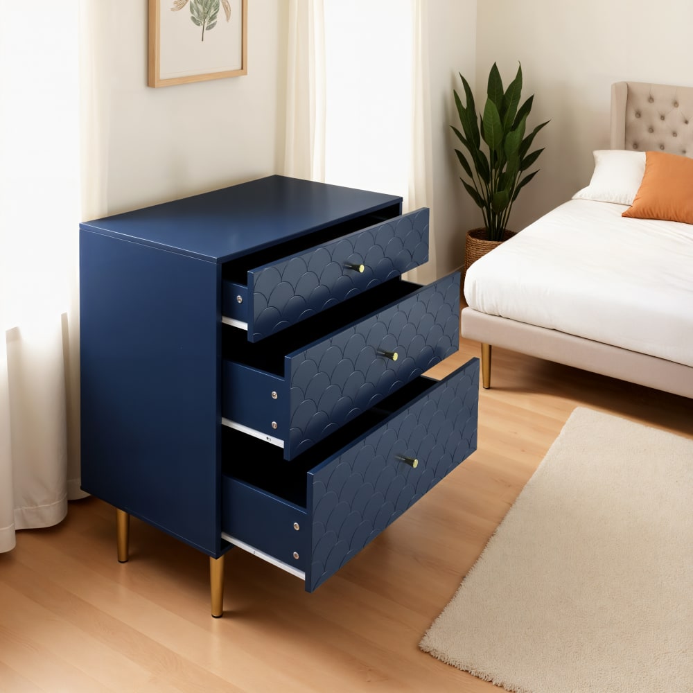 Commode 3 tiroirs bleu foncé avec façade sculptée