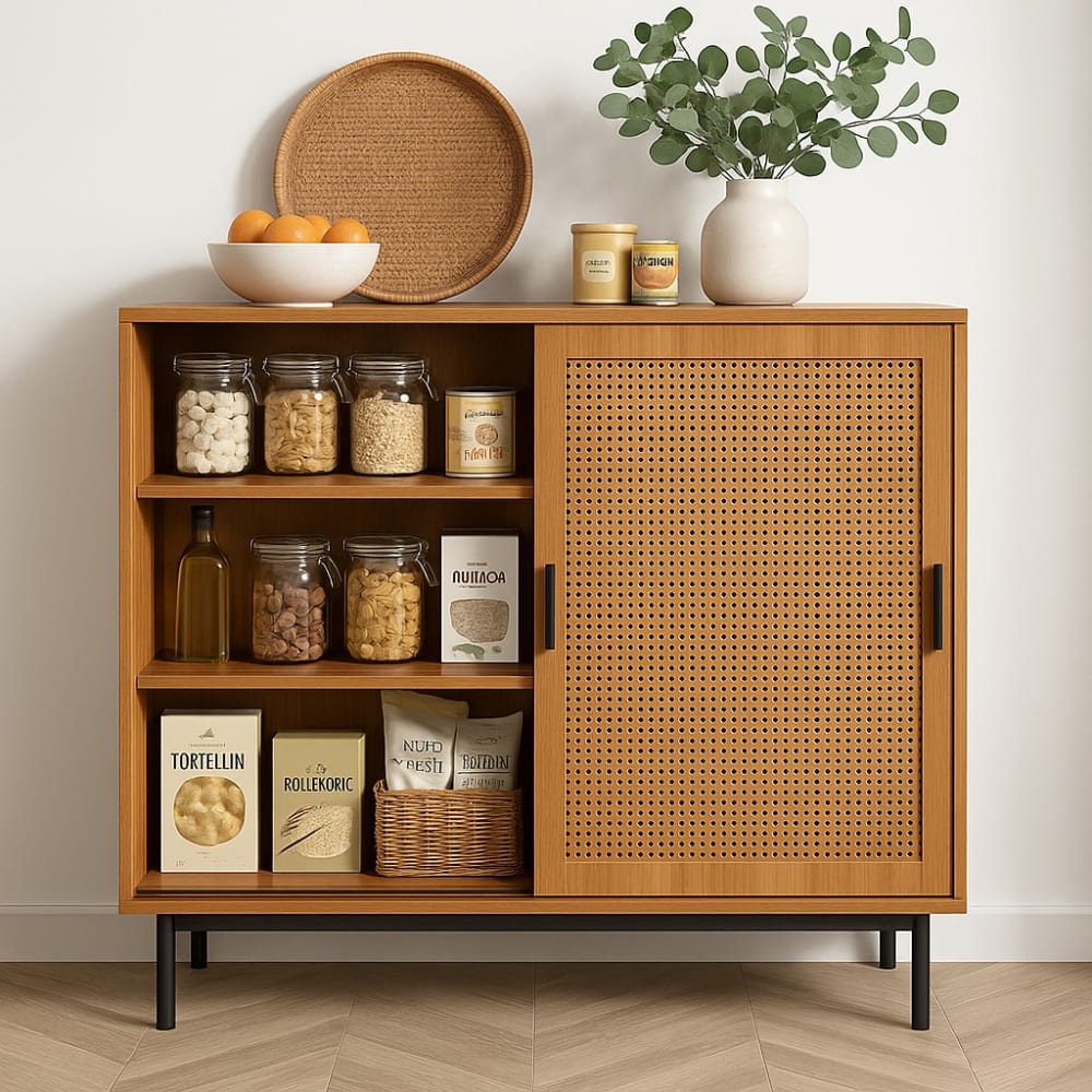Buffet de cuisine en bois avec portes en cannage