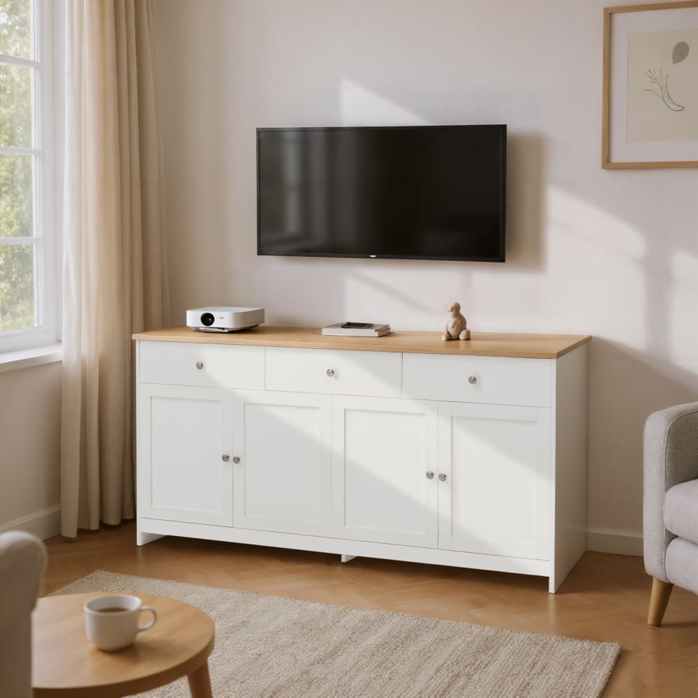Meuble TV Blanc avec Plateau Bois – Design Élégant et Pratique