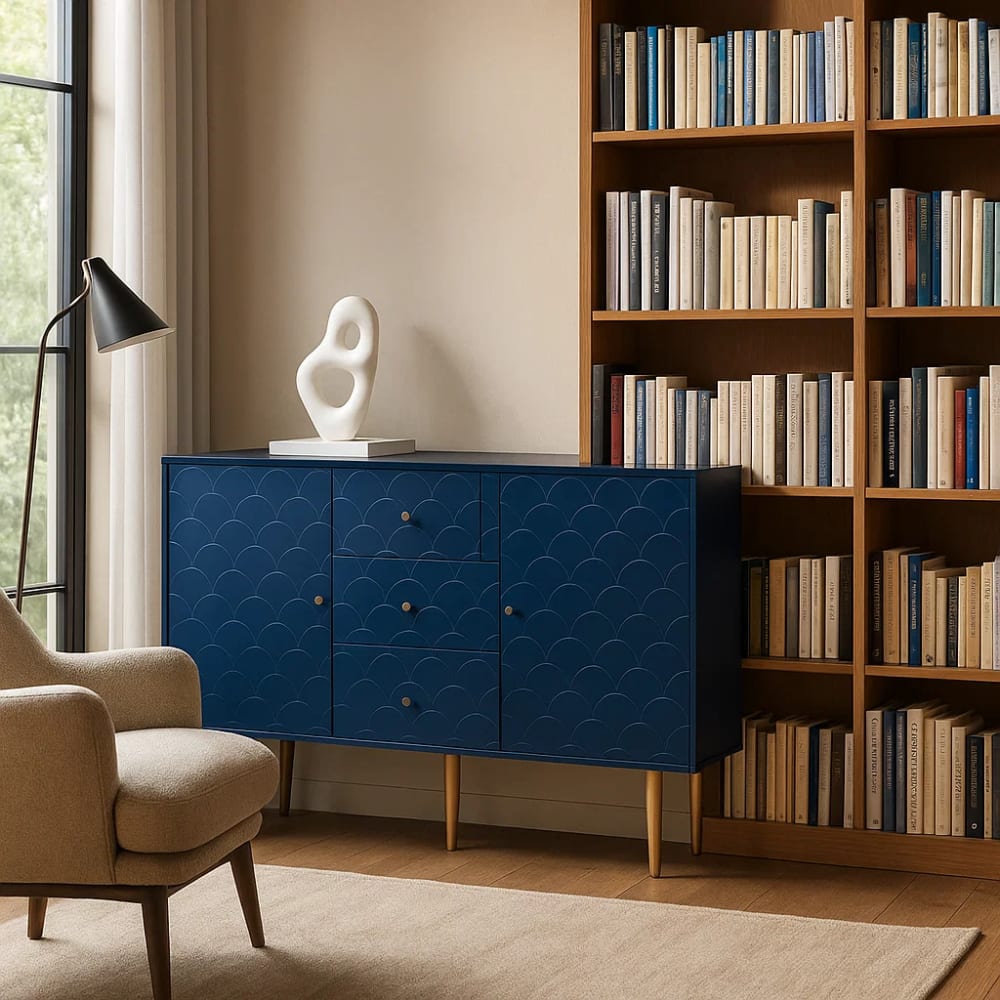 Urban Meuble Blaues geschnitztes Bücherregal mit Schubladen und Türen style classic chic Blau Spanplatte