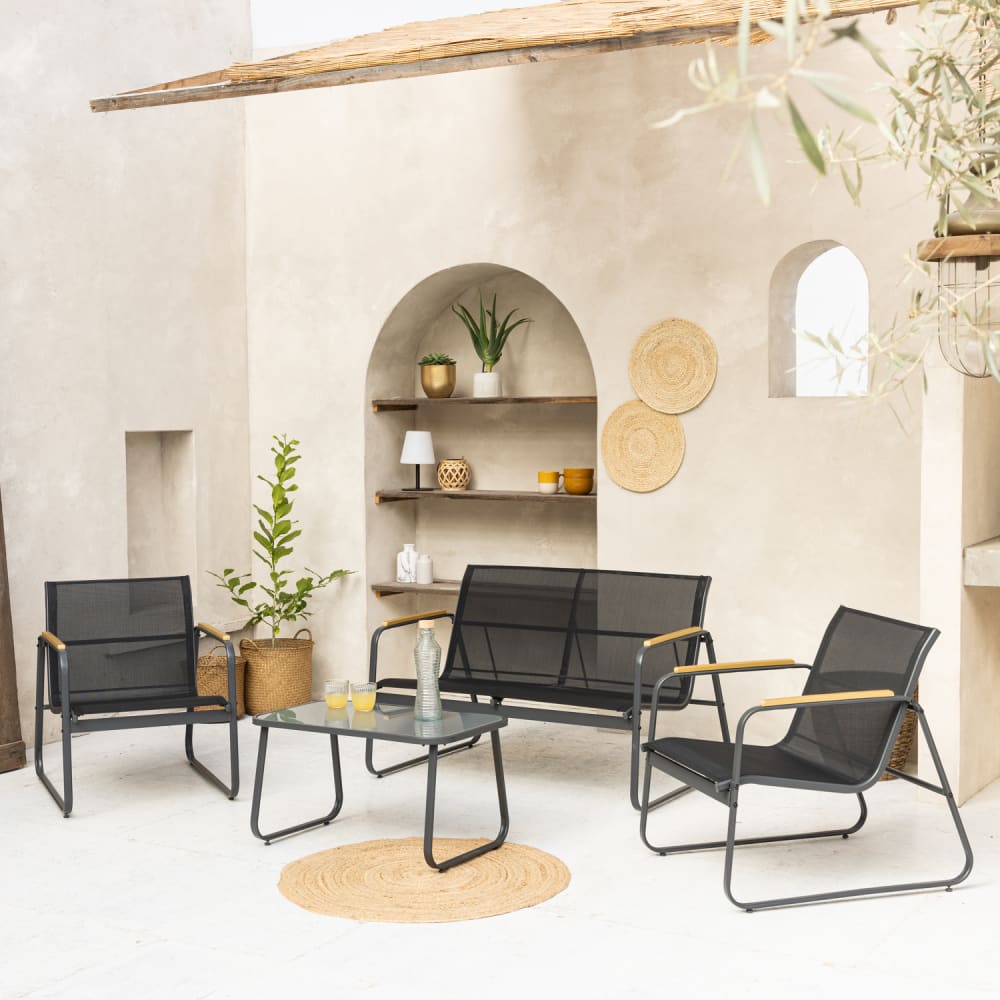 Salon de jardin 4 places en textilène noir et acier gris anthracite