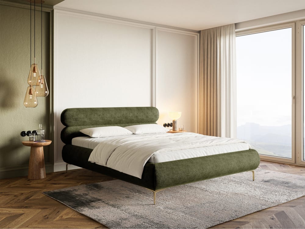 Lit double 140x200 en tissu chenille olive aux pieds dorés - Maisons du Monde