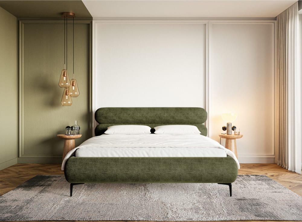 Lit double 140x200 en tissu chenille olive aux pieds noirs - Maisons du Monde
