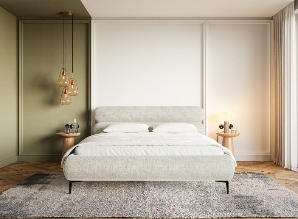 Lit coffre 160x200 en tissu chenille grège aux pieds noirs - Maisons du Monde