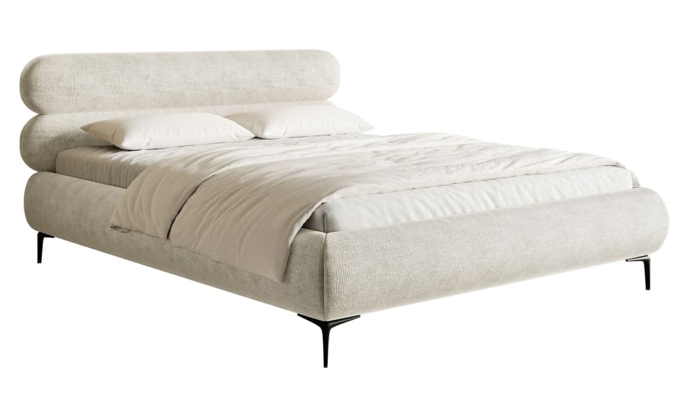 Lit double 160x200 en tissu chenille grège aux pieds noirs