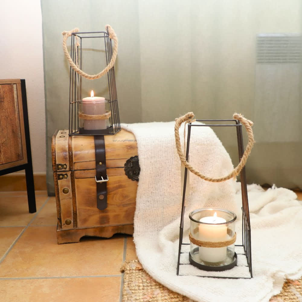 Lanterne jardin extérieur à poser bougie ancienne métal noir 36cm - Maisons du Monde