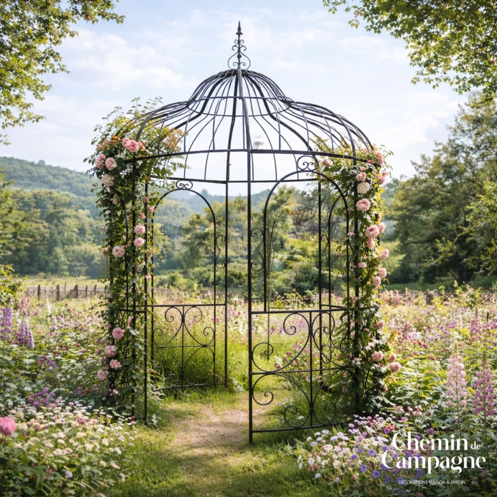 Gloriette gazebo tonnelle kiosque abri jardin fer marron 216x330 cm